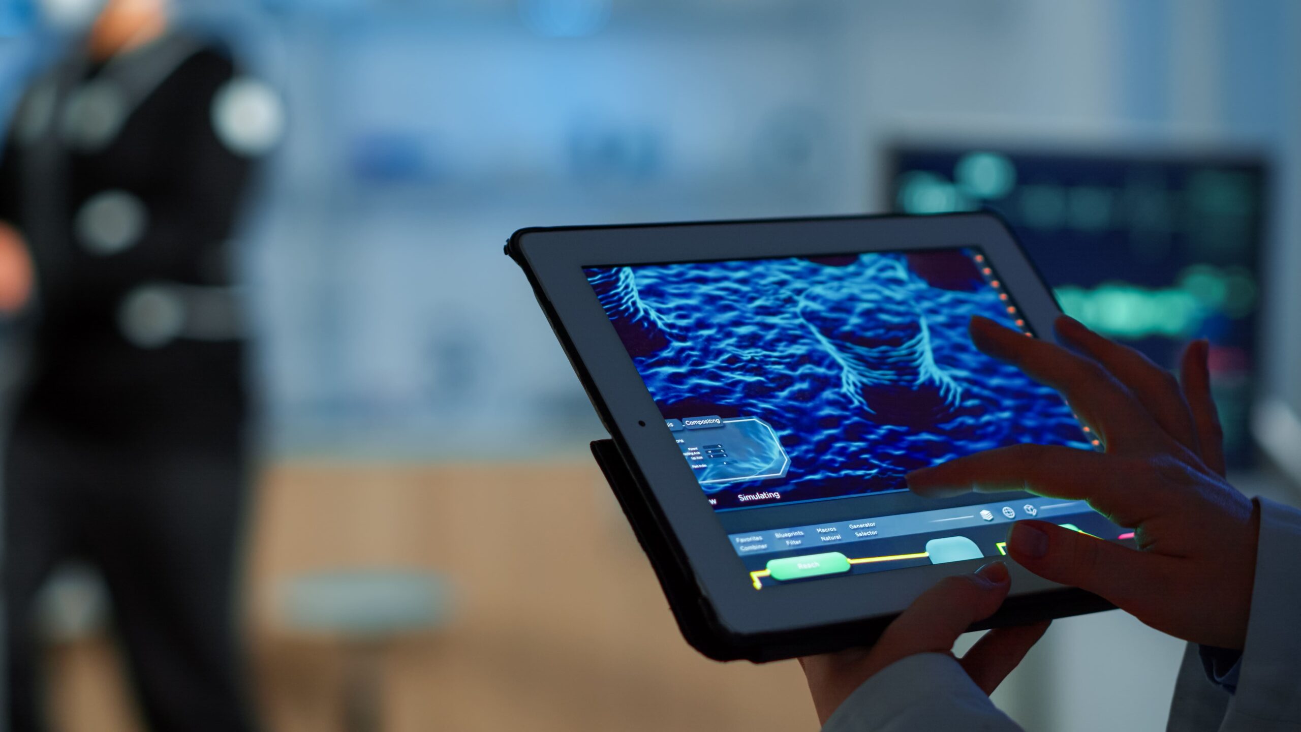 close up scientist analysing health informations tablet while specialist sport supervises exercise sportsman monitoring his physical endurance examining medical scan notepad laboratory
